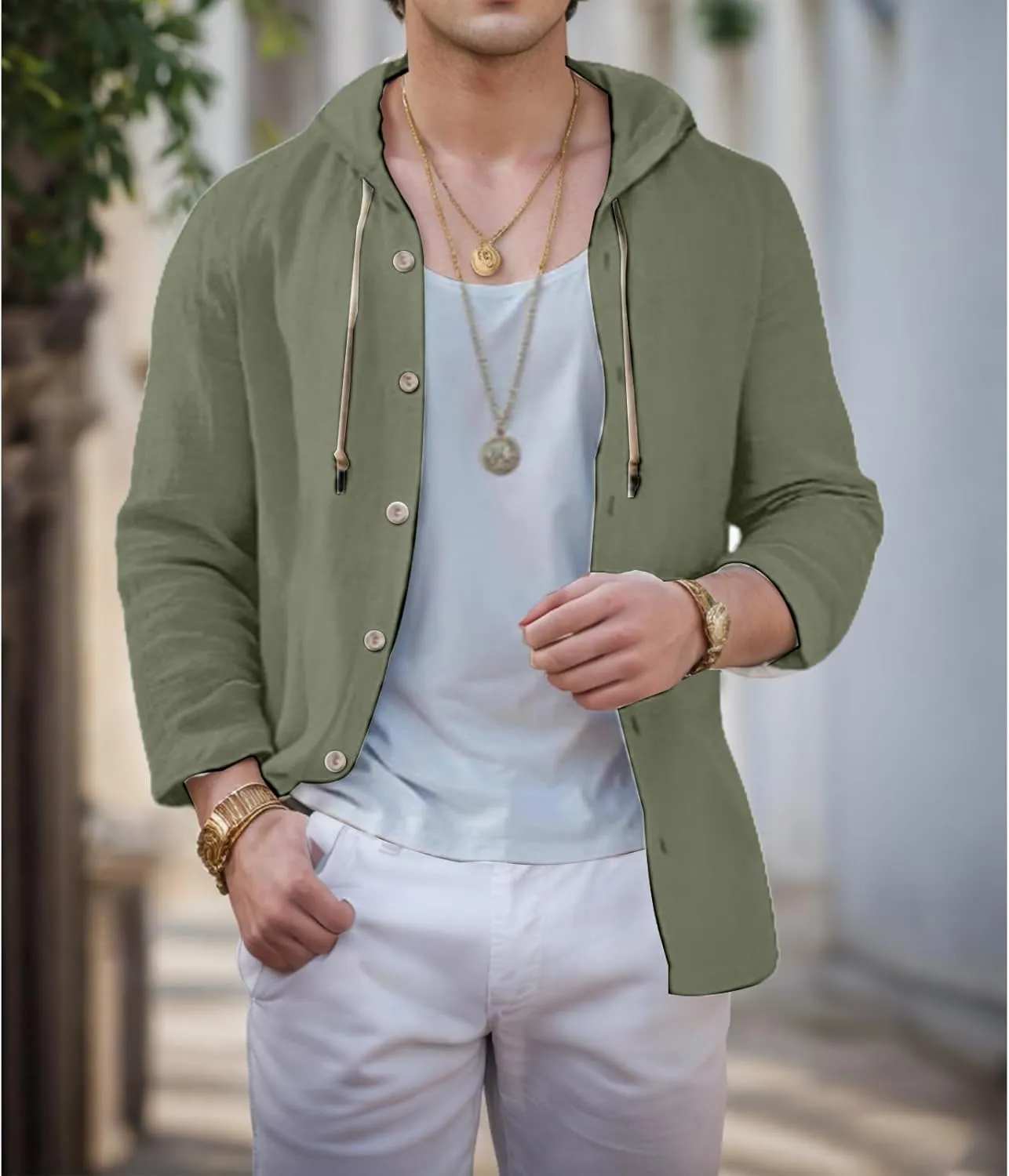 Linen Shirts for Men with Hood Casual Button Shirts Long Sleeve Shirts Cotton Linen Hoodie Summer Beach Shirts Tops
