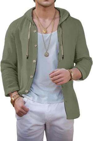 Linen Shirts for Men with Hood Casual Button Shirts Long Sleeve Shirts Cotton Linen Hoodie Summer Beach Shirts Tops