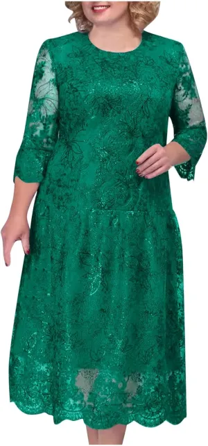 Lmdudan 2025 Plus Size Women Elegant Floral lace Midi Dress Lace Chiffon Wedding Guest Dresses Formal 3/4 Sleeve Dresses