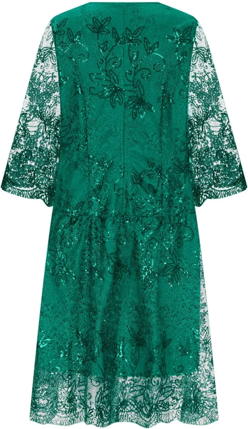 Lmdudan 2025 Plus Size Women Elegant Floral lace Midi Dress Lace Chiffon Wedding Guest Dresses Formal 3/4 Sleeve Dresses