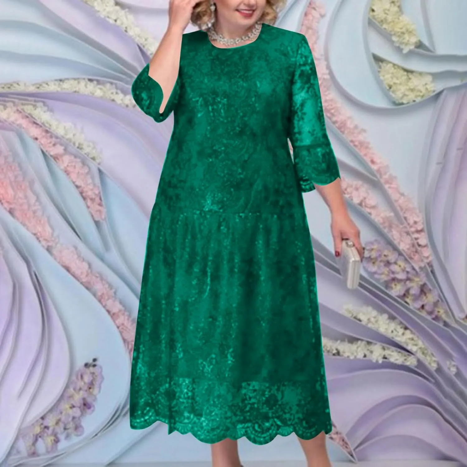 Lmdudan 2025 Plus Size Women Elegant Floral lace Midi Dress Lace Chiffon Wedding Guest Dresses Formal 3/4 Sleeve Dresses