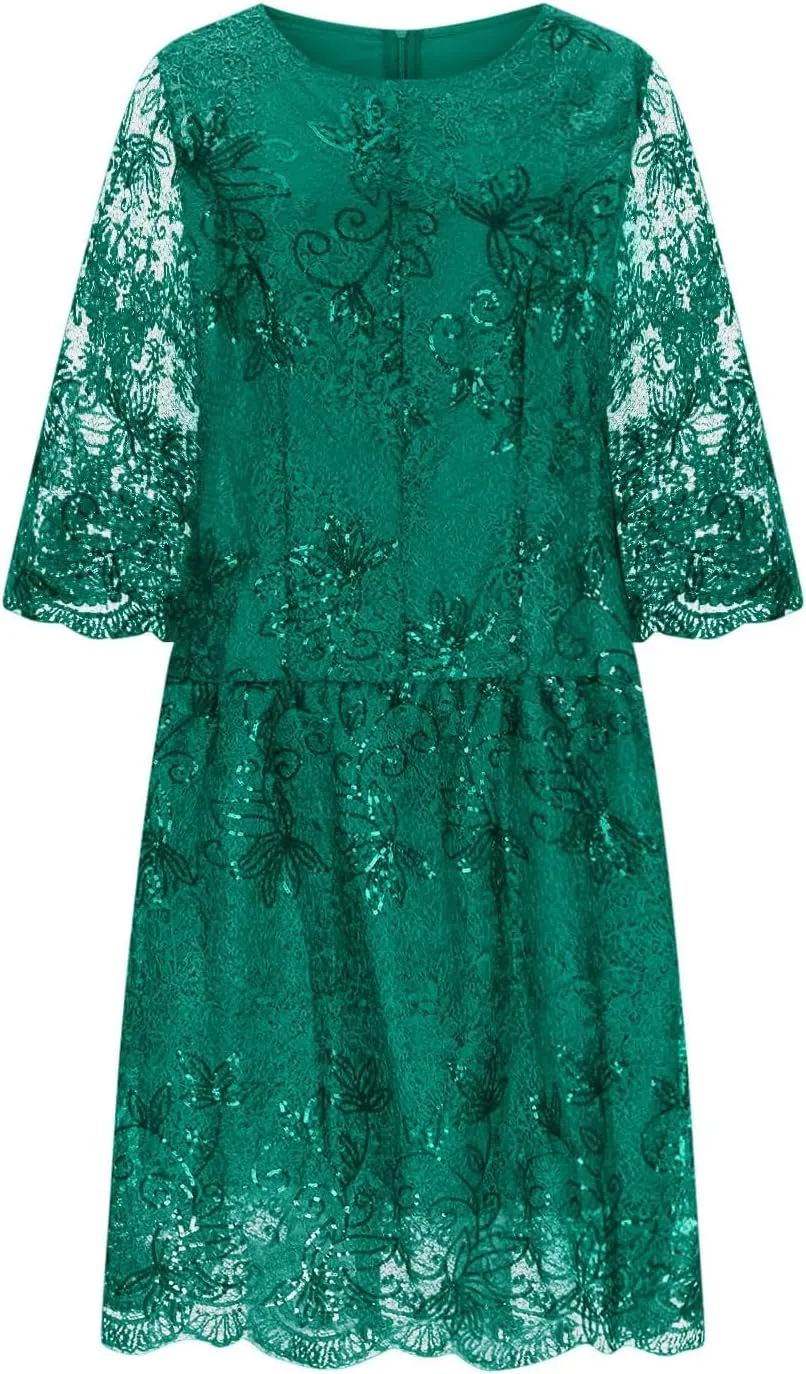 Lmdudan 2025 Plus Size Women Elegant Floral lace Midi Dress Lace Chiffon Wedding Guest Dresses Formal 3/4 Sleeve Dresses