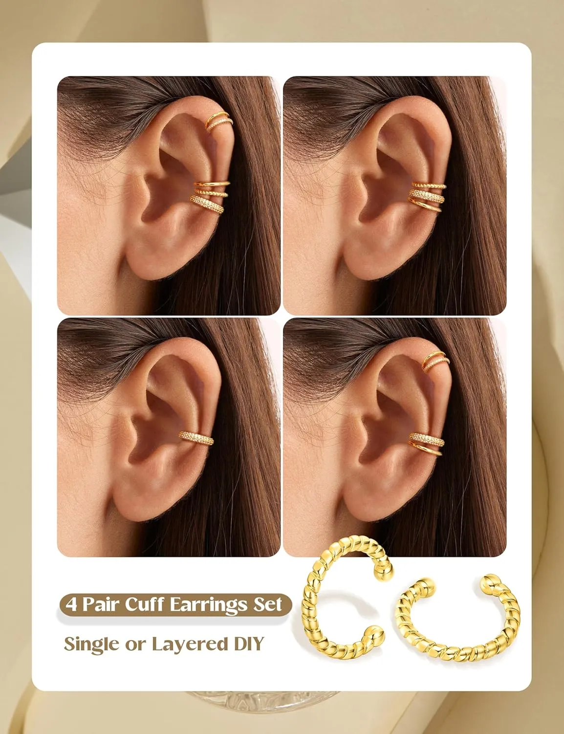 LOLIAS 4 Pairs Ear Cuffs Non Piercing - 14K Gold Plated Ear Cuff Earrings for Women Ear Cuff for Non Pierced Ears Clip on Cartilage Earring Adjustable Fake Earrings Set