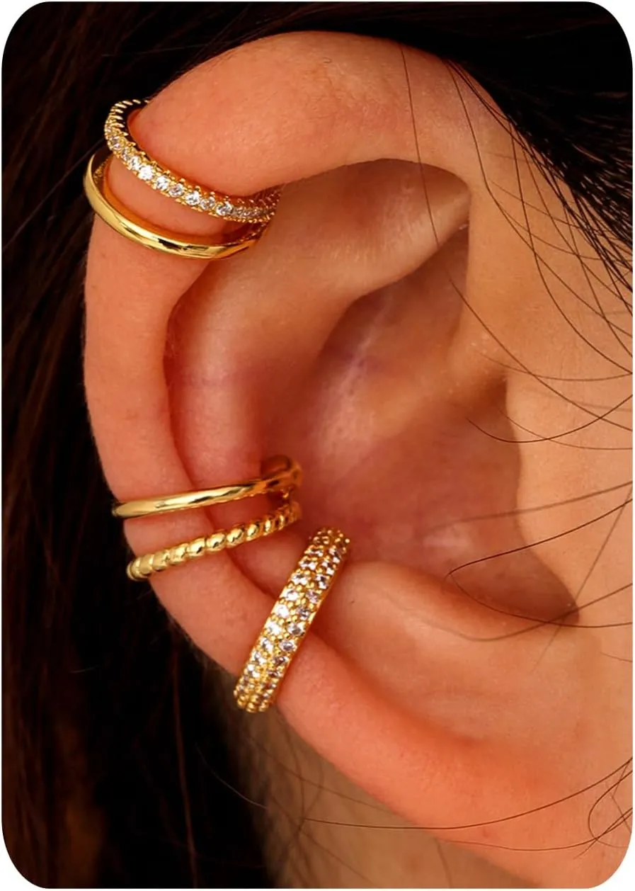 LOLIAS 4 Pairs Ear Cuffs Non Piercing - 14K Gold Plated Ear Cuff Earrings for Women Ear Cuff for Non Pierced Ears Clip on Cartilage Earring Adjustable Fake Earrings Set