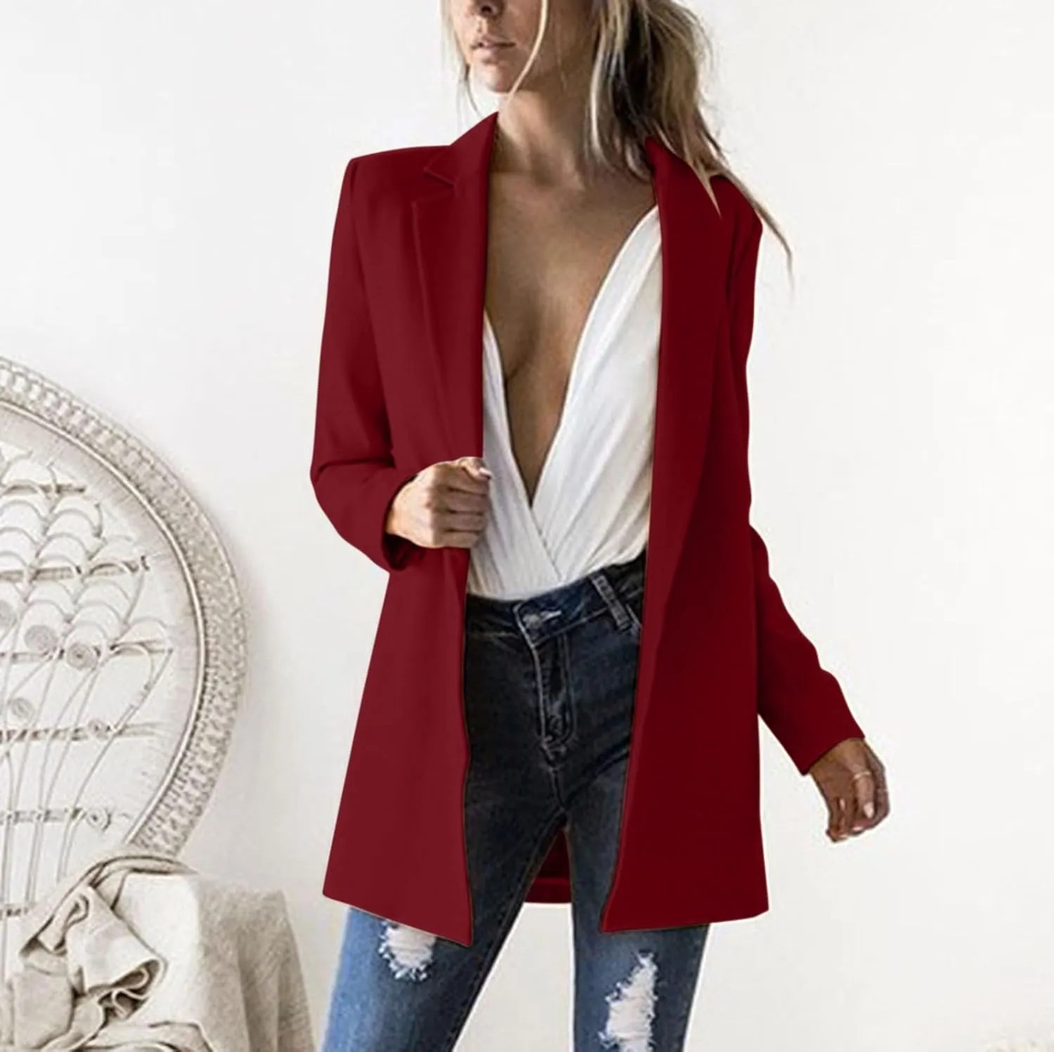 Long Blazer for Women Open Front Suit Jackets Notched Lapel Casual Office Work Blazers Outerwear