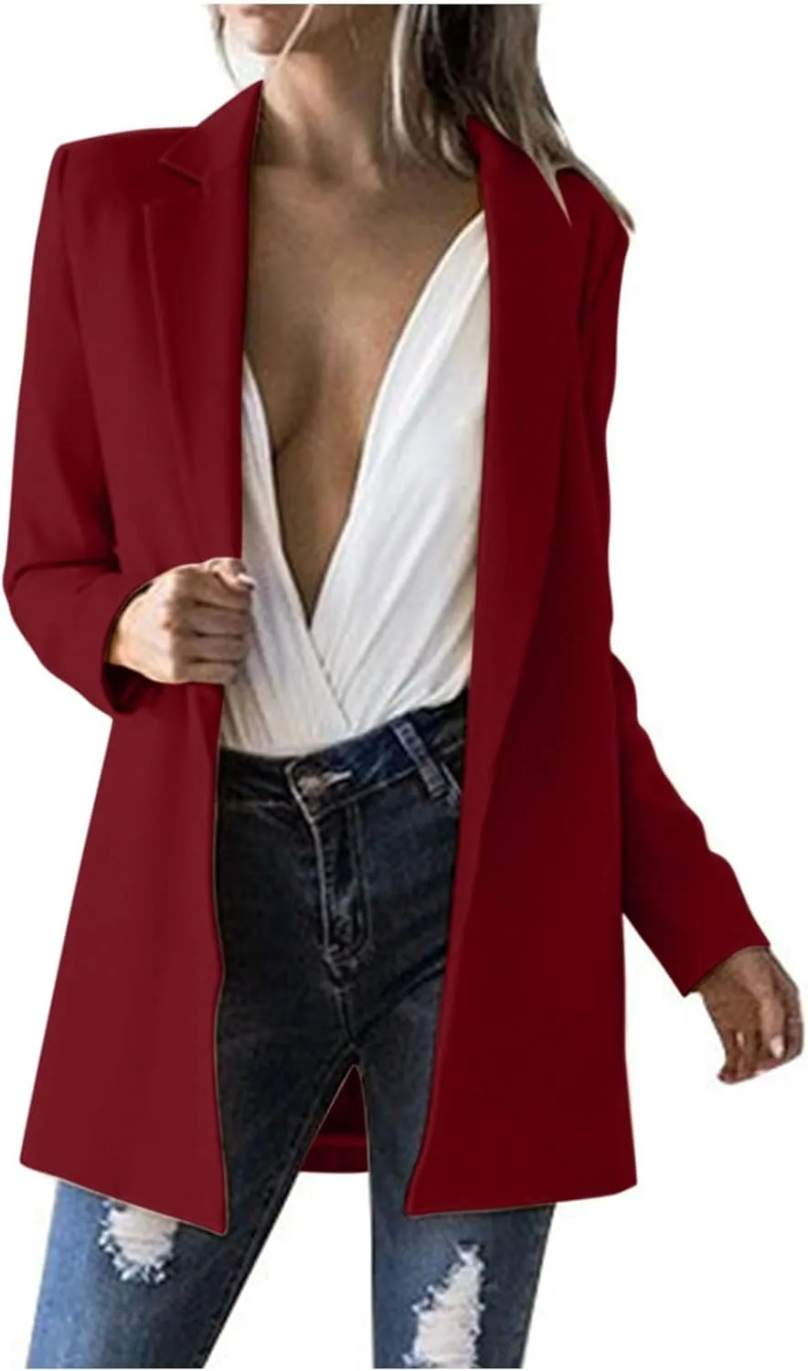 Long Blazer for Women Open Front Suit Jackets Notched Lapel Casual Office Work Blazers Outerwear