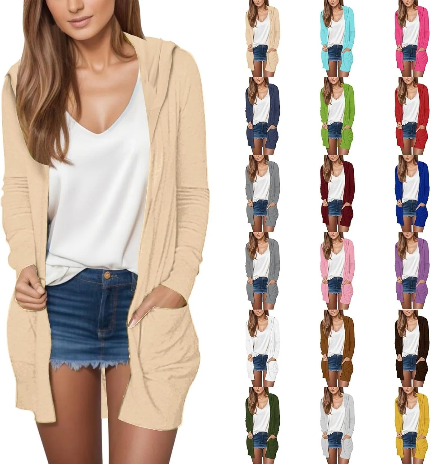 Long Cardigans Sweaters for Women, 2024 Fall Lightweight Trendy Casual Comfy, Open Front Hooded Cardigans with Pocket