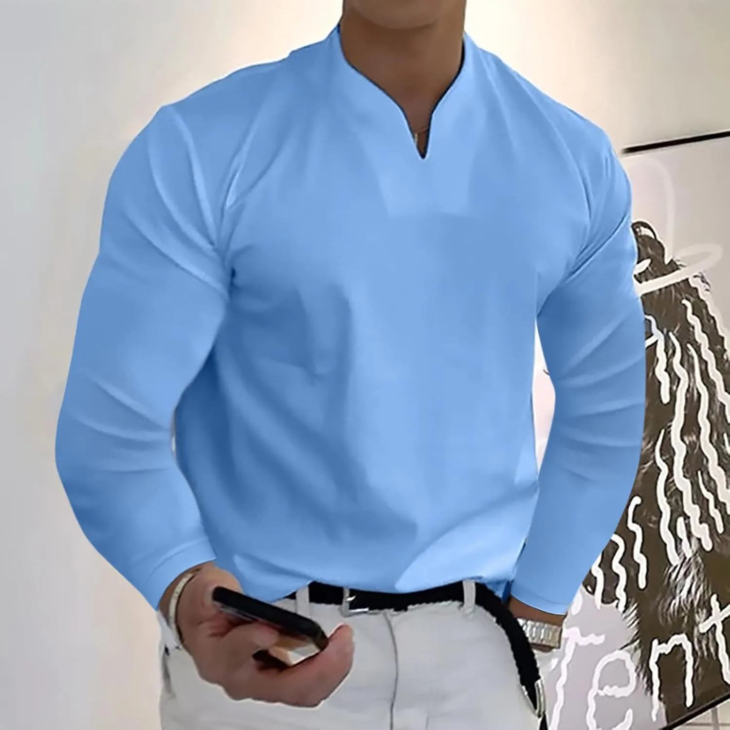 Long Sleeve Shirts for Men Plus Size V-Neck Shirts Oversized Solid Shirts Casual Stylish Loose Fit Fall Shirts
