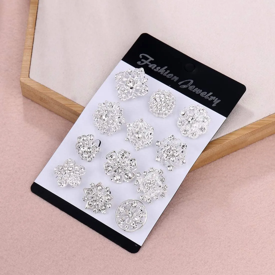 Lot 12pc Small Size Rhinestone Crystal Flower Brooches Pins Set DIY Wedding bridal Bouquet Women Broaches