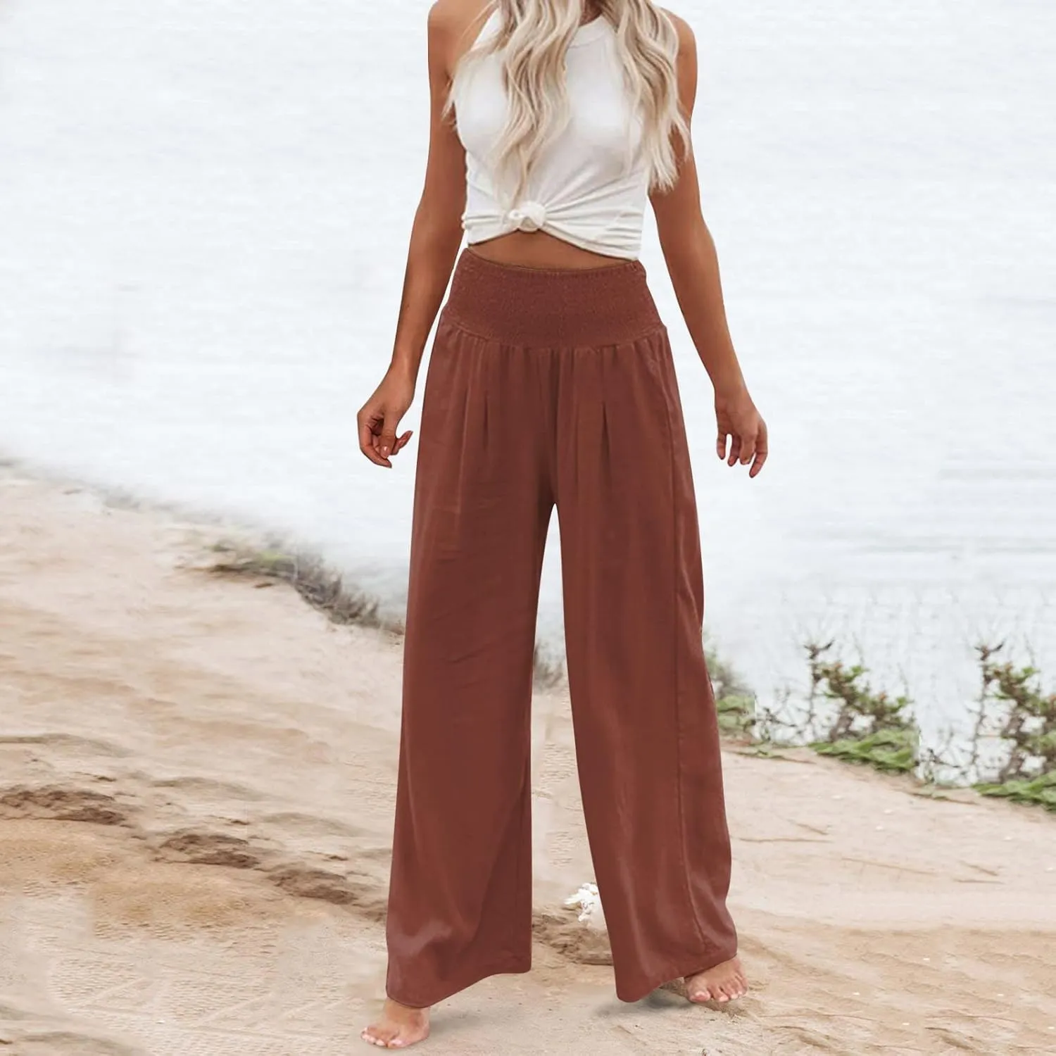 Lounge Pants Plus Size Women Summer Boho Wide Leg High Waist Linen Palazzo Pants 2025 Beach Travel Vacation Trouser