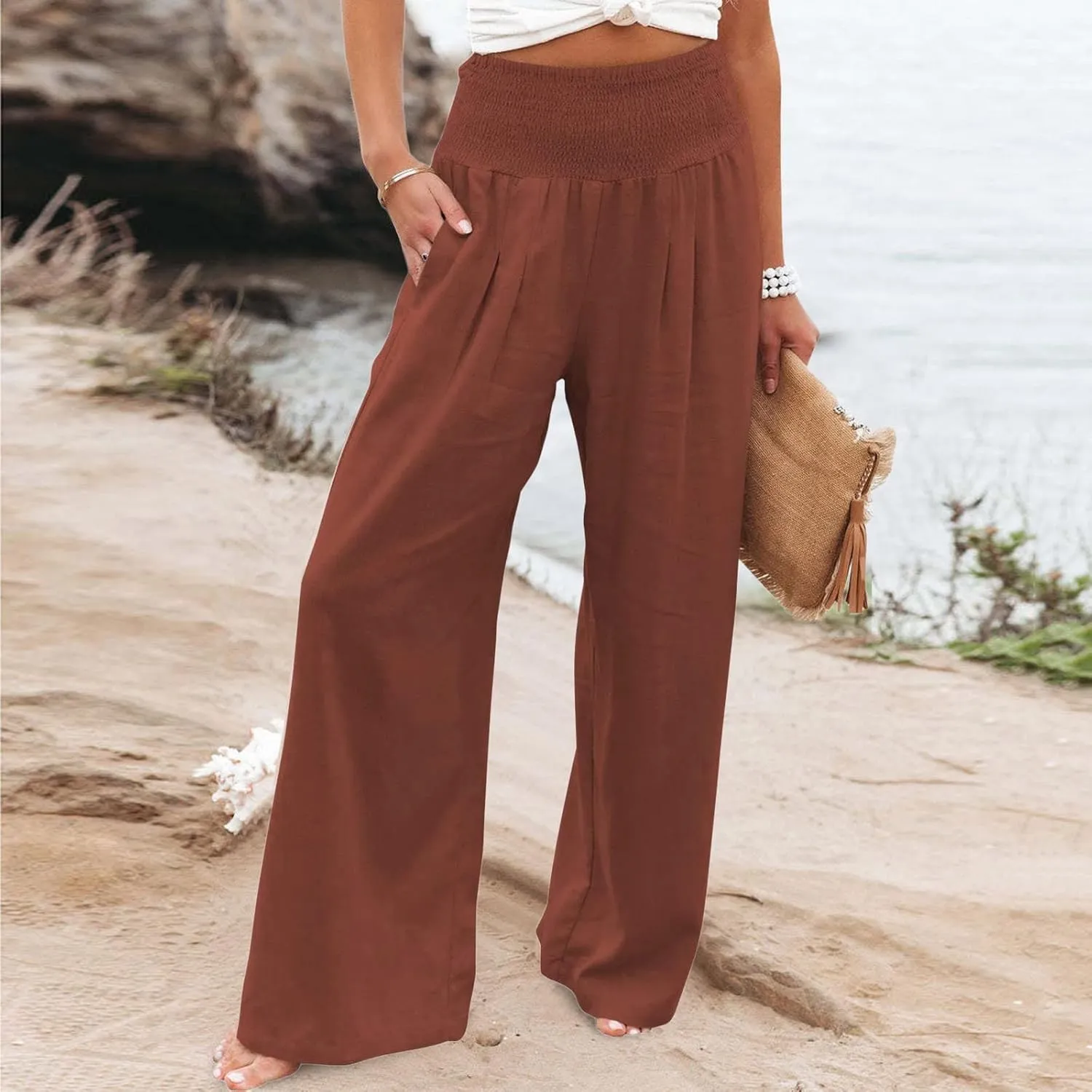 Lounge Pants Plus Size Women Summer Boho Wide Leg High Waist Linen Palazzo Pants 2025 Beach Travel Vacation Trouser