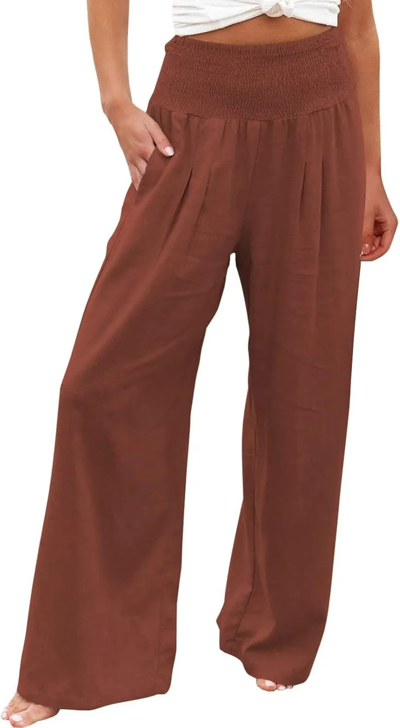 Lounge Pants Plus Size Women Summer Boho Wide Leg High Waist Linen Palazzo Pants 2025 Beach Travel Vacation Trouser
