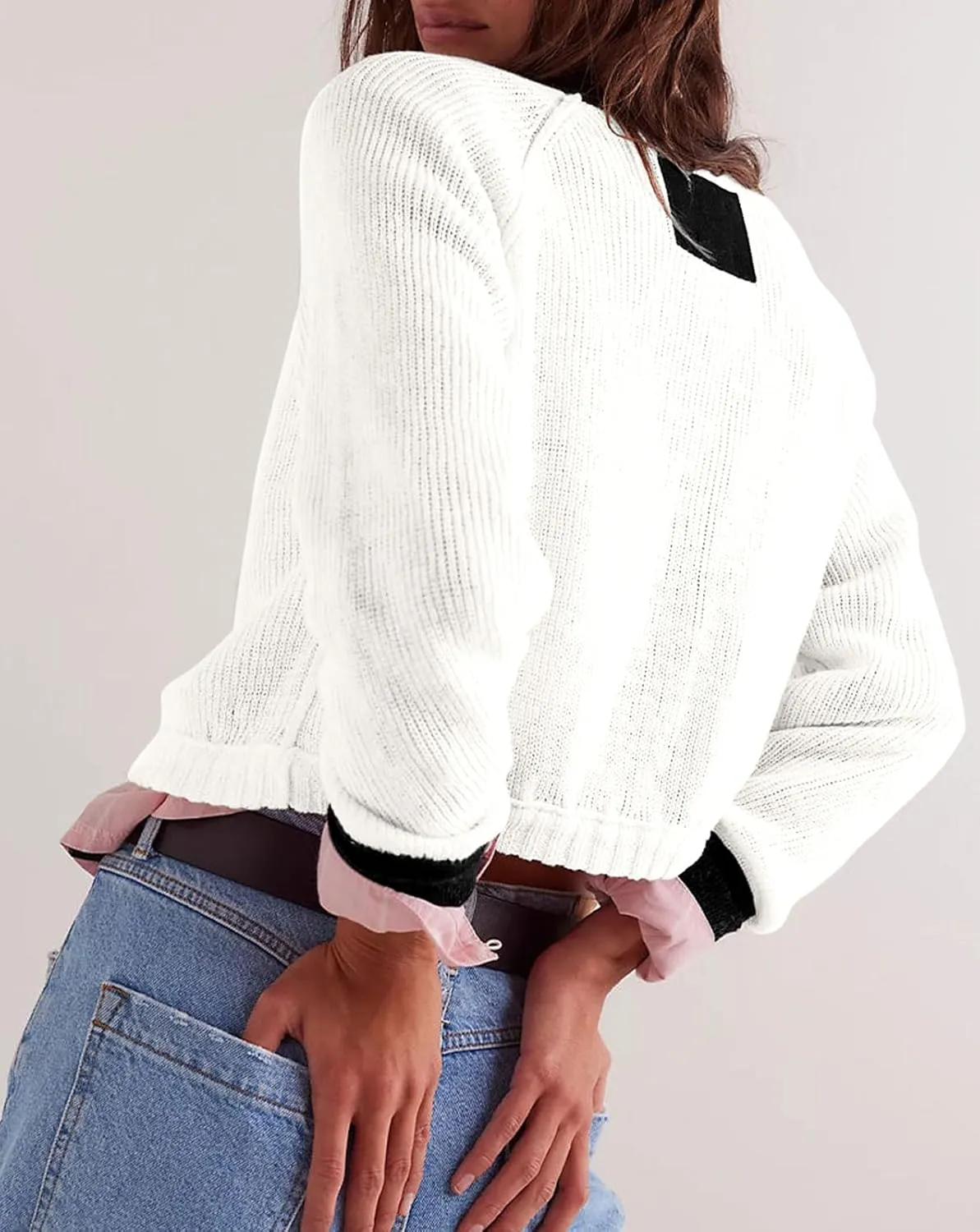 loveimgs Women Knitted Button Down Cropped Cardigan Jacket Sweater Y2k Fall Knit Color Block Sweater Crewneck Crop Short Coat