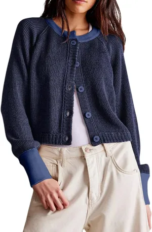 loveimgs Women Knitted Button Down Cropped Cardigan Jacket Sweater Y2k Fall Knit Color Block Sweater Crewneck Crop Short Coat