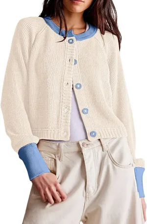 loveimgs Women Knitted Button Down Cropped Cardigan Jacket Sweater Y2k Fall Knit Color Block Sweater Crewneck Crop Short Coat