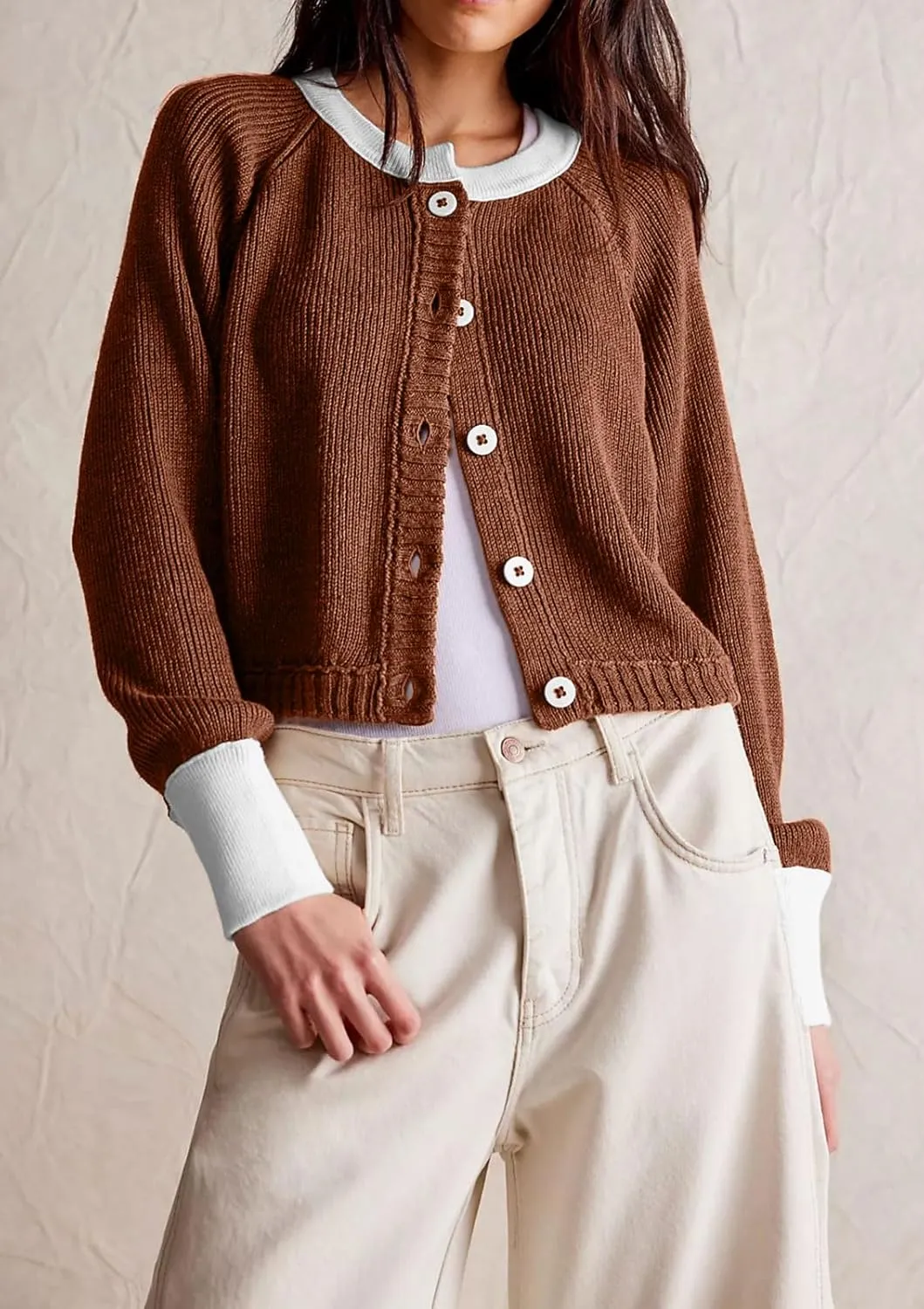 loveimgs Women Knitted Button Down Cropped Cardigan Jacket Sweater Y2k Fall Knit Color Block Sweater Crewneck Crop Short Coat