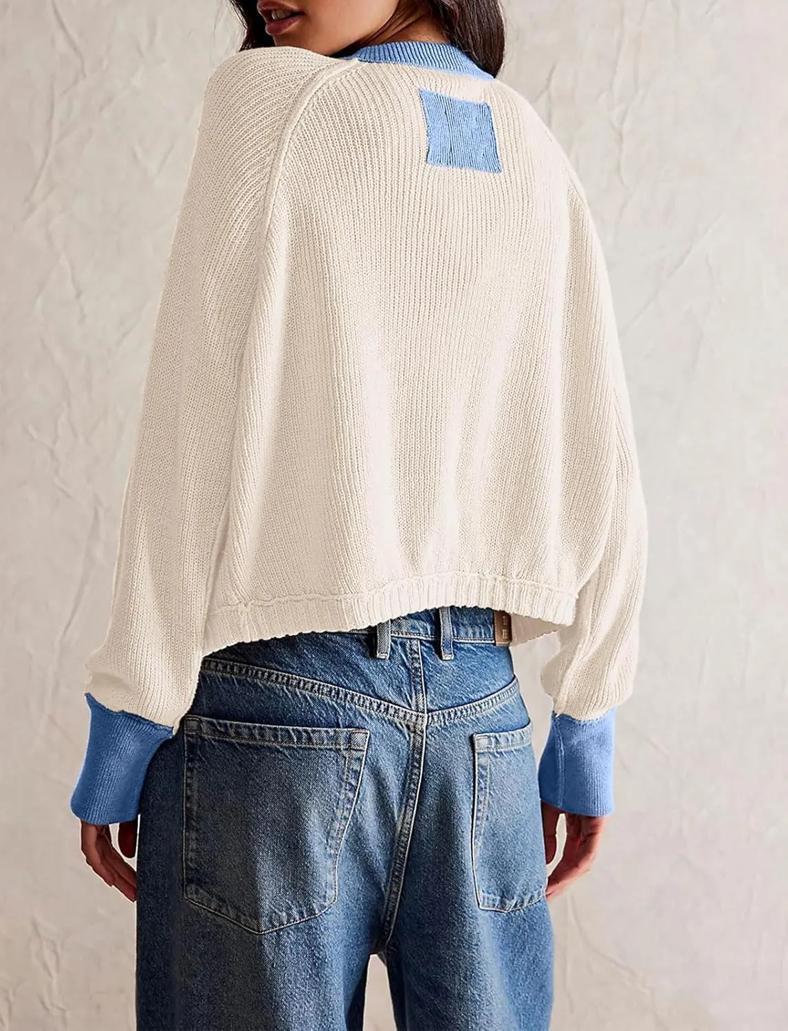 loveimgs Women Knitted Button Down Cropped Cardigan Jacket Sweater Y2k Fall Knit Color Block Sweater Crewneck Crop Short Coat