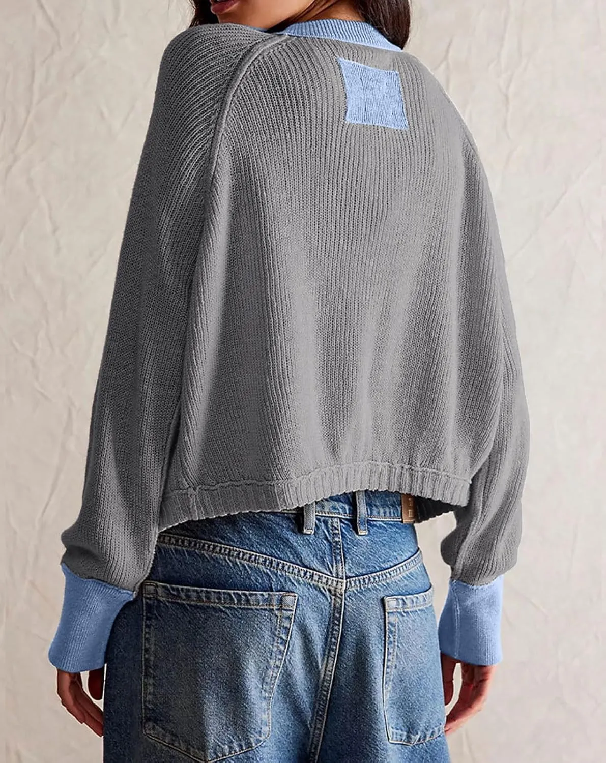 loveimgs Women Knitted Button Down Cropped Cardigan Jacket Sweater Y2k Fall Knit Color Block Sweater Crewneck Crop Short Coat