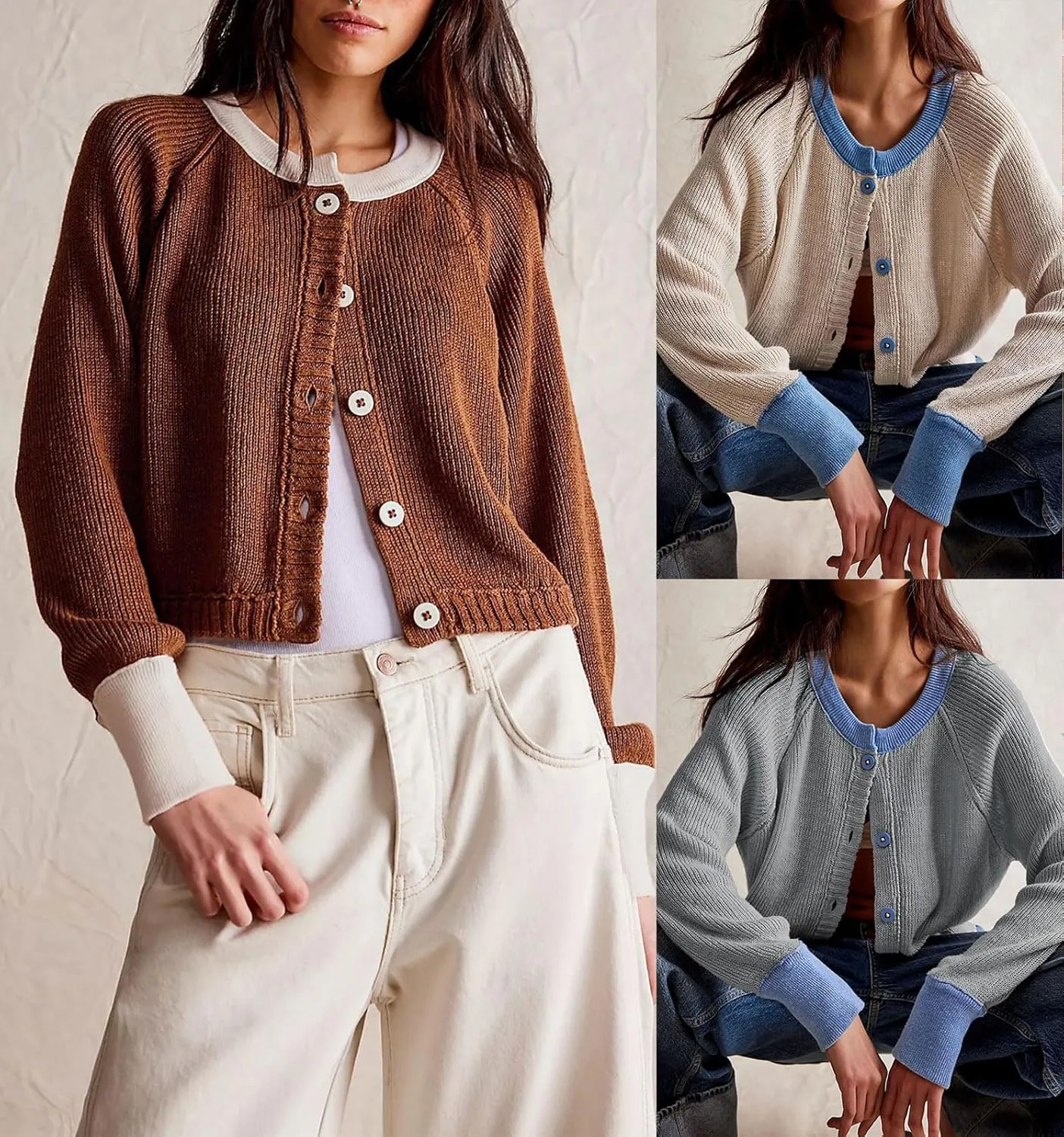 loveimgs Women Knitted Button Down Cropped Cardigan Jacket Sweater Y2k Fall Knit Color Block Sweater Crewneck Crop Short Coat