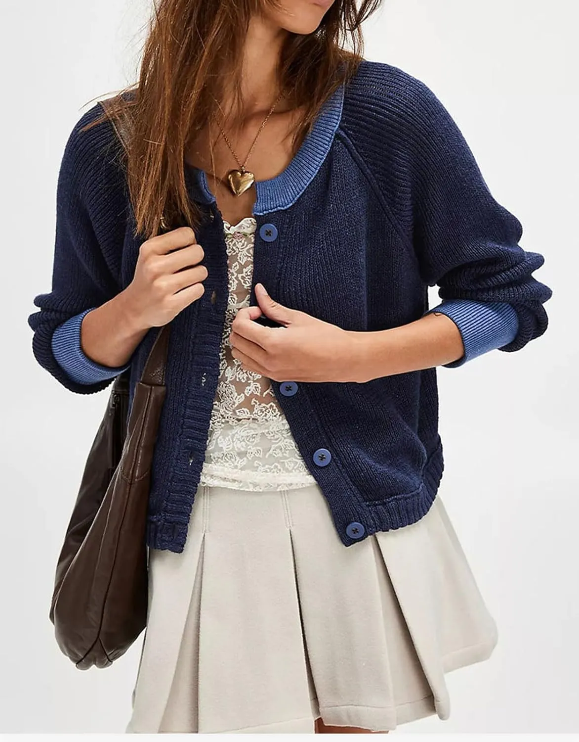 loveimgs Women Knitted Button Down Cropped Cardigan Jacket Sweater Y2k Fall Knit Color Block Sweater Crewneck Crop Short Coat