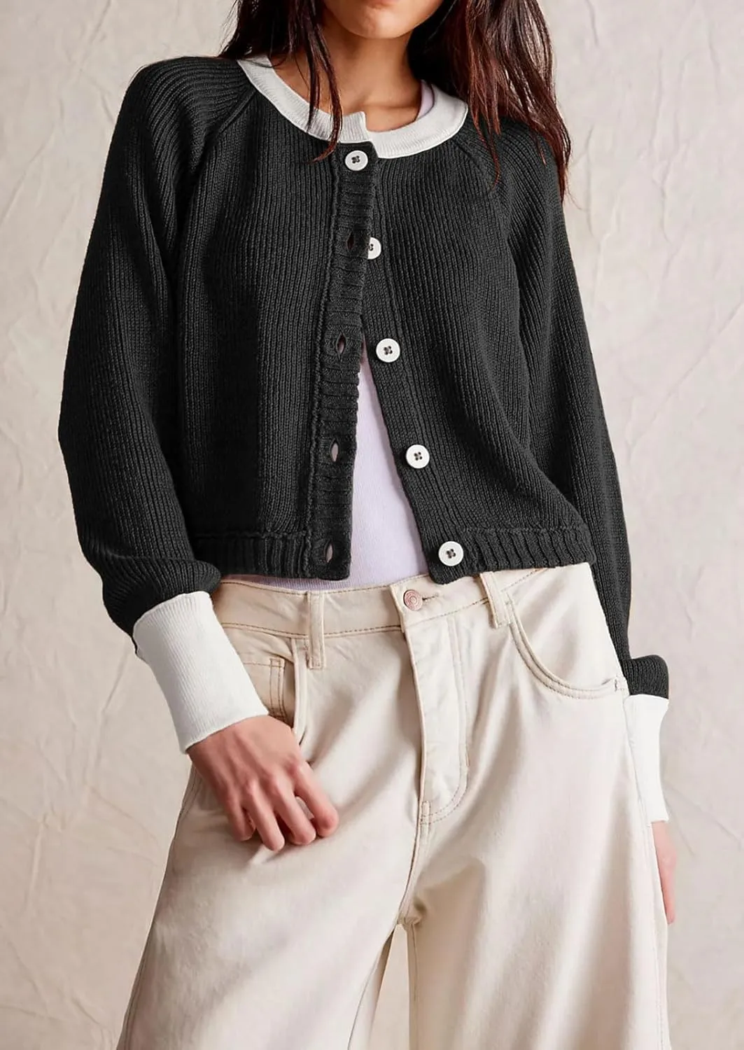 loveimgs Women Knitted Button Down Cropped Cardigan Jacket Sweater Y2k Fall Knit Color Block Sweater Crewneck Crop Short Coat