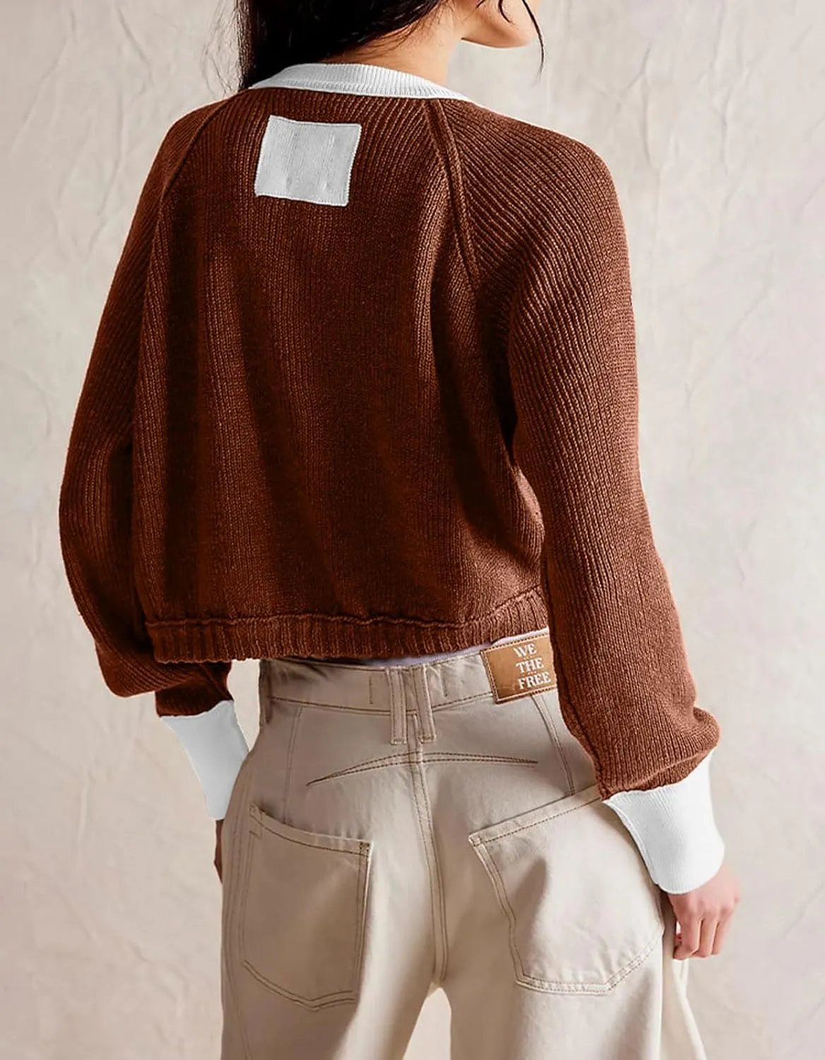 loveimgs Women Knitted Button Down Cropped Cardigan Jacket Sweater Y2k Fall Knit Color Block Sweater Crewneck Crop Short Coat