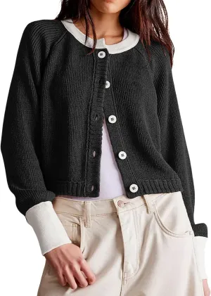 loveimgs Women Knitted Button Down Cropped Cardigan Jacket Sweater Y2k Fall Knit Color Block Sweater Crewneck Crop Short Coat