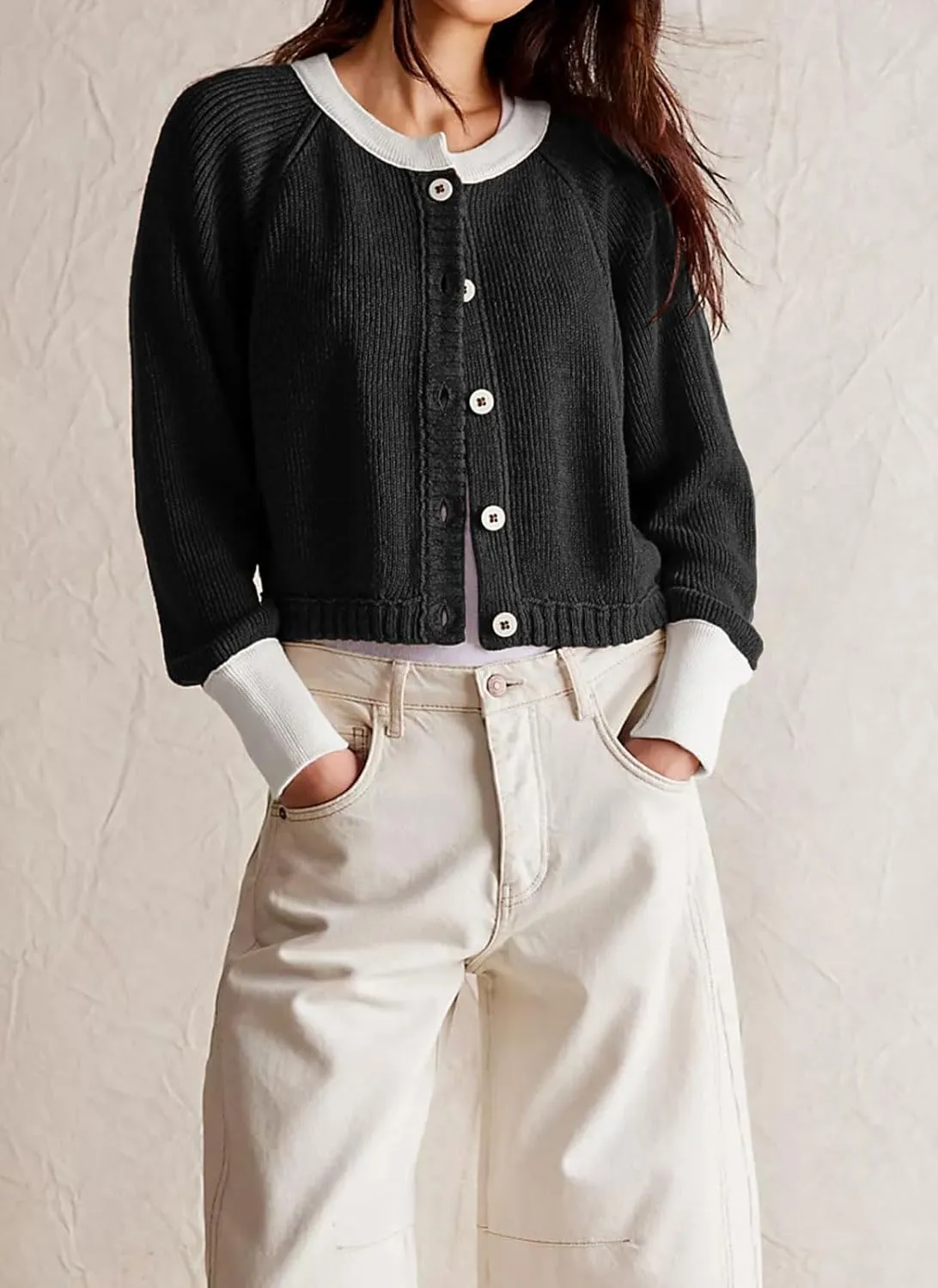 loveimgs Women Knitted Button Down Cropped Cardigan Jacket Sweater Y2k Fall Knit Color Block Sweater Crewneck Crop Short Coat