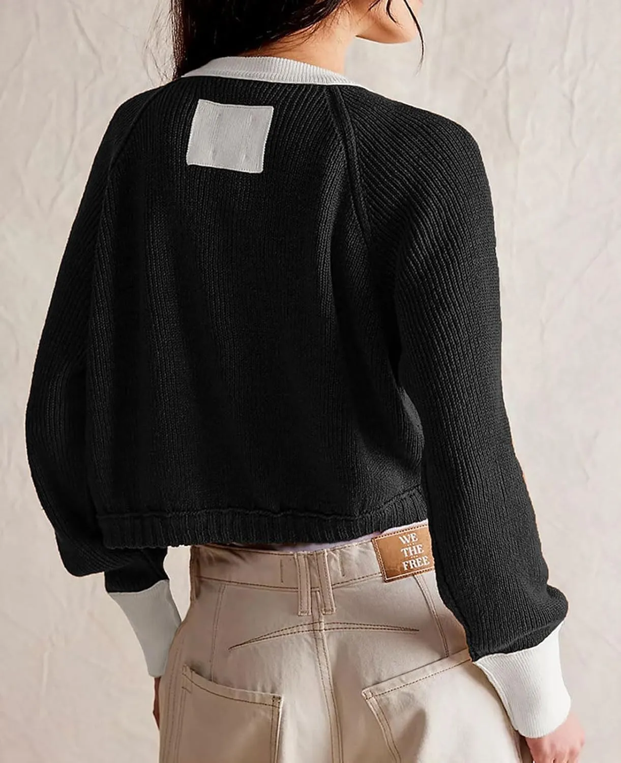 loveimgs Women Knitted Button Down Cropped Cardigan Jacket Sweater Y2k Fall Knit Color Block Sweater Crewneck Crop Short Coat