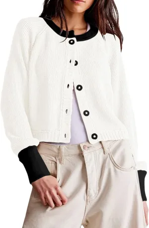 loveimgs Women Knitted Button Down Cropped Cardigan Jacket Sweater Y2k Fall Knit Color Block Sweater Crewneck Crop Short Coat