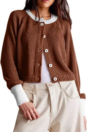 loveimgs Women Knitted Button Down Cropped Cardigan Jacket Sweater Y2k Fall Knit Color Block Sweater Crewneck Crop Short Coat
