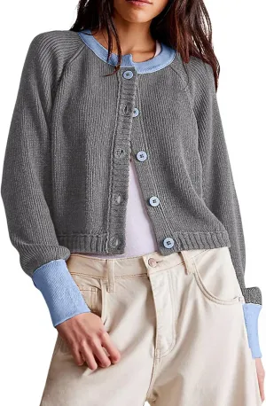 loveimgs Women Knitted Button Down Cropped Cardigan Jacket Sweater Y2k Fall Knit Color Block Sweater Crewneck Crop Short Coat