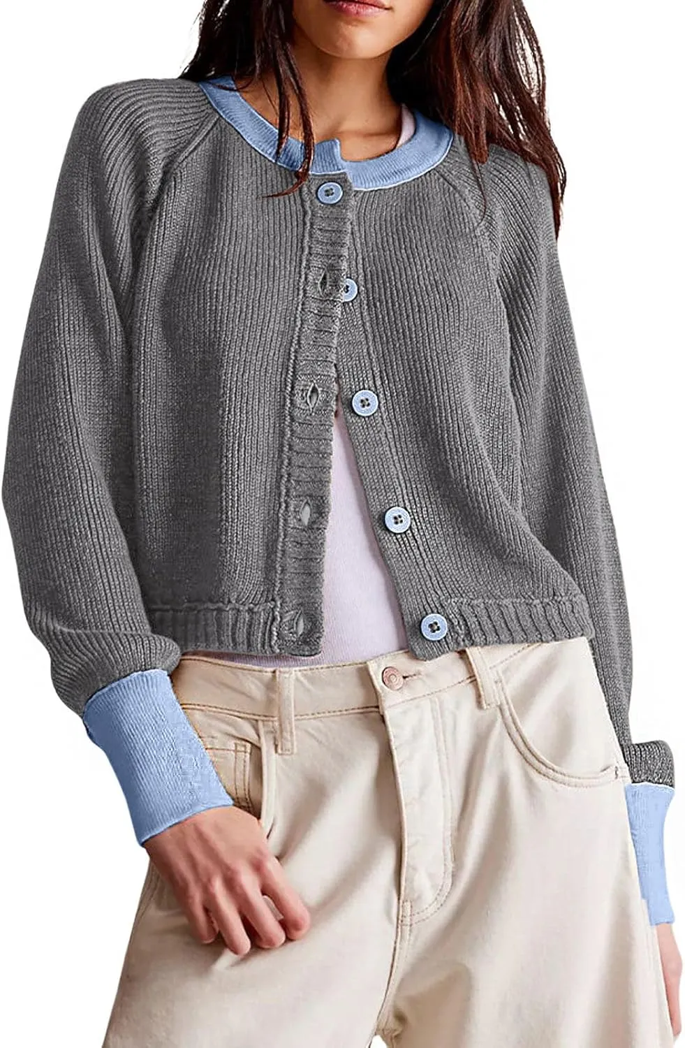 loveimgs Women Knitted Button Down Cropped Cardigan Jacket Sweater Y2k Fall Knit Color Block Sweater Crewneck Crop Short Coat