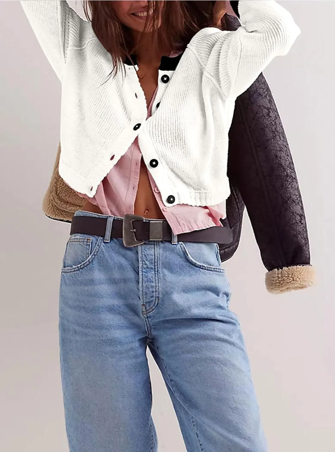 loveimgs Women Knitted Button Down Cropped Cardigan Jacket Sweater Y2k Fall Knit Color Block Sweater Crewneck Crop Short Coat