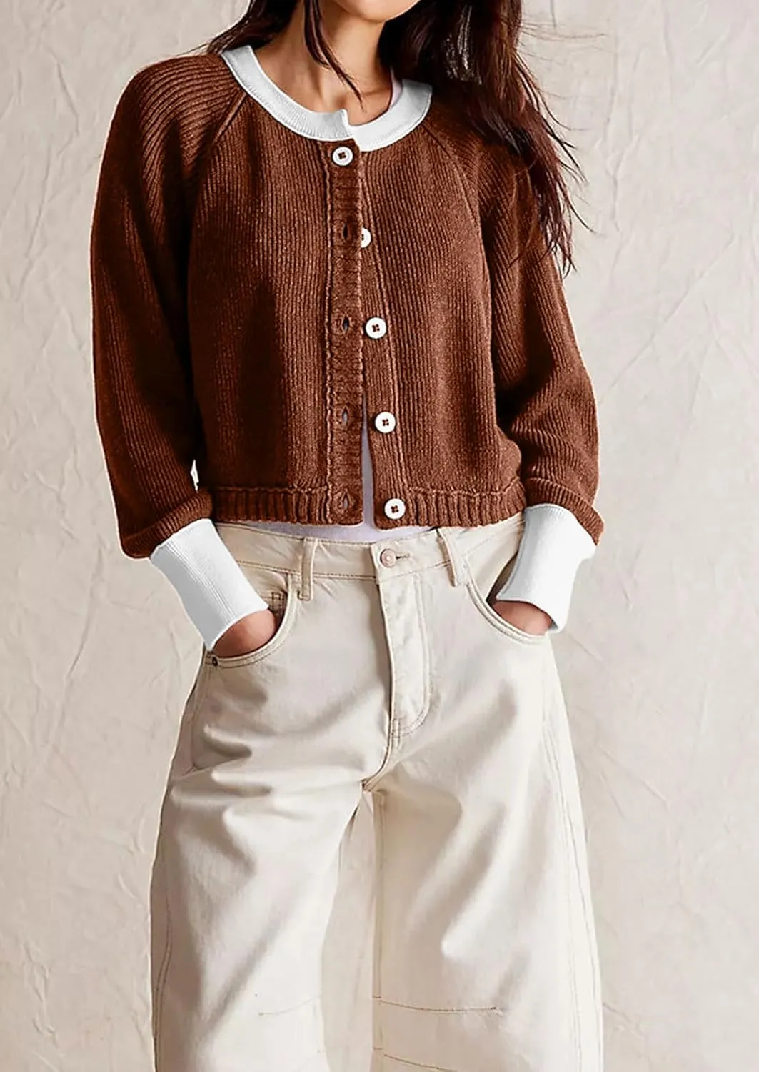 loveimgs Women Knitted Button Down Cropped Cardigan Jacket Sweater Y2k Fall Knit Color Block Sweater Crewneck Crop Short Coat