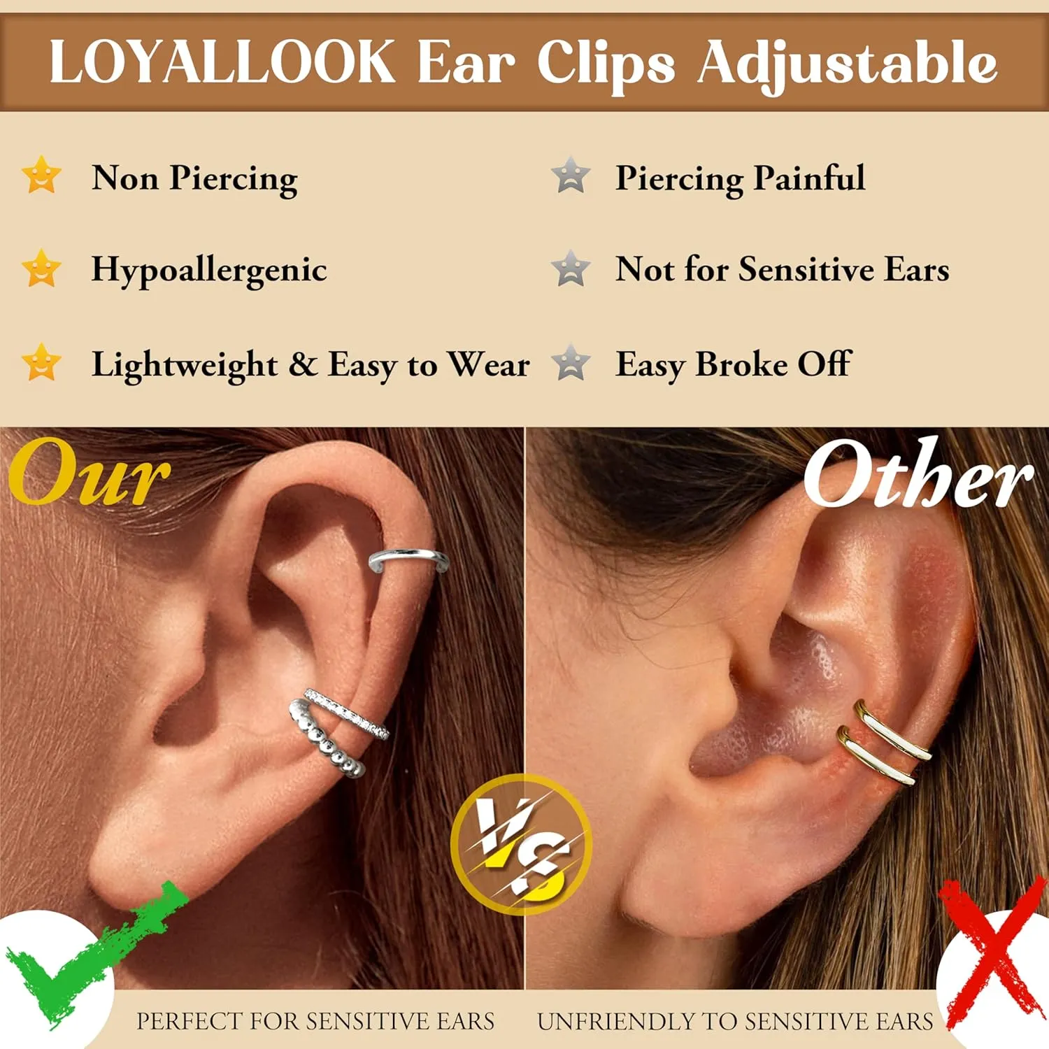 LOYALLOOK Ear Cuff Earrings for Women 14K Gold Plated Ear Cuffs Non Piercing Clip on Cartilage Earring Trendy Fake Earrings Hypoallergenic Huggie Hoop Clip Cuff Earring Lightweight