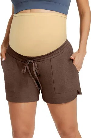 Maacie Maternity Sweat Shorts 2025 High Waist Shorts Lounge Casual Curved Slit Shorts with Pockets
