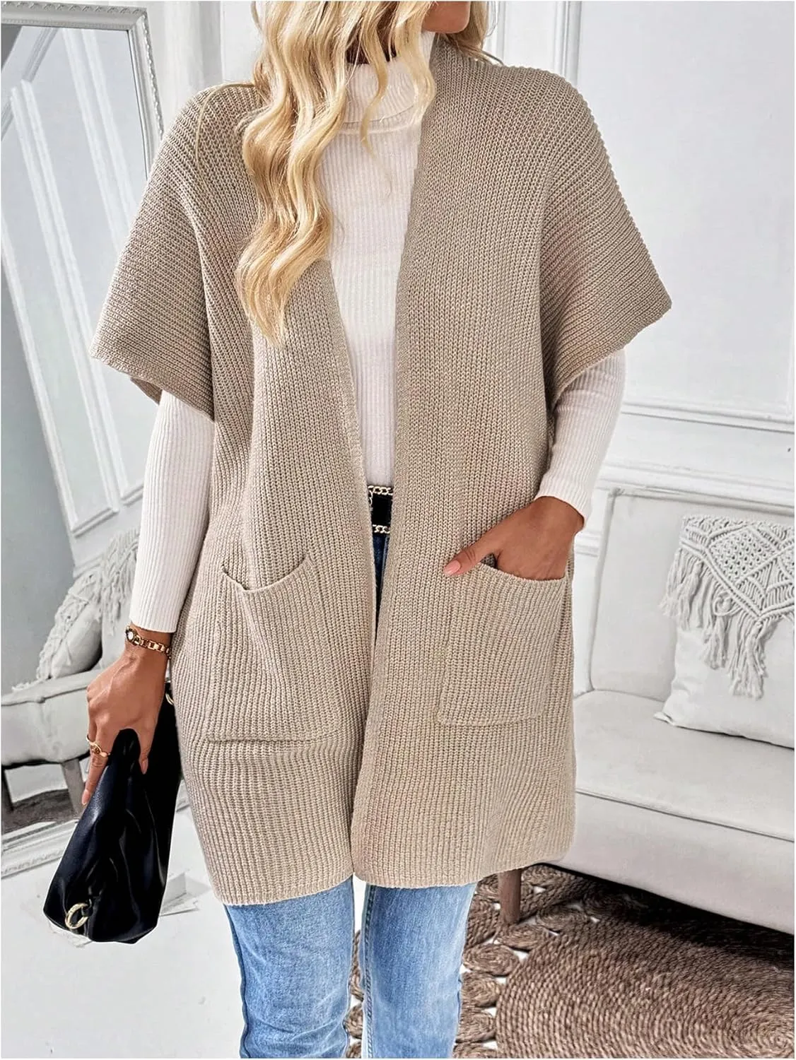 MakeMeChic Women's Half Sleeve Open Front Cardigan Sweaters Lightweight Knitwear with Pocket