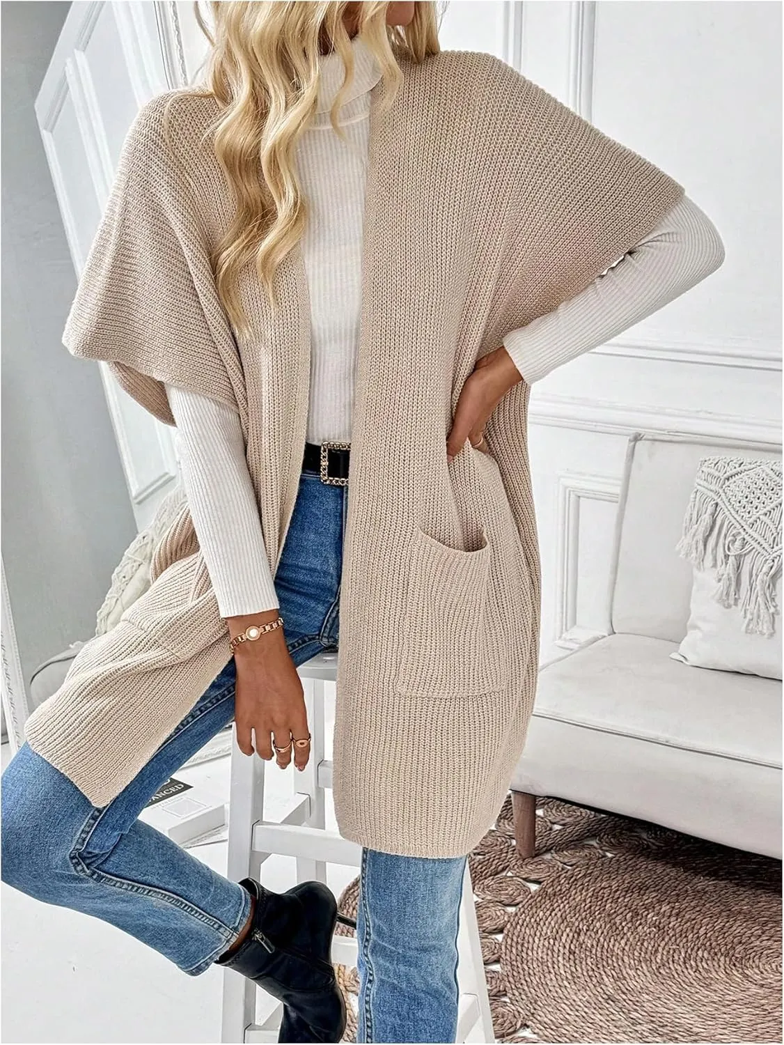 MakeMeChic Women's Half Sleeve Open Front Cardigan Sweaters Lightweight Knitwear with Pocket