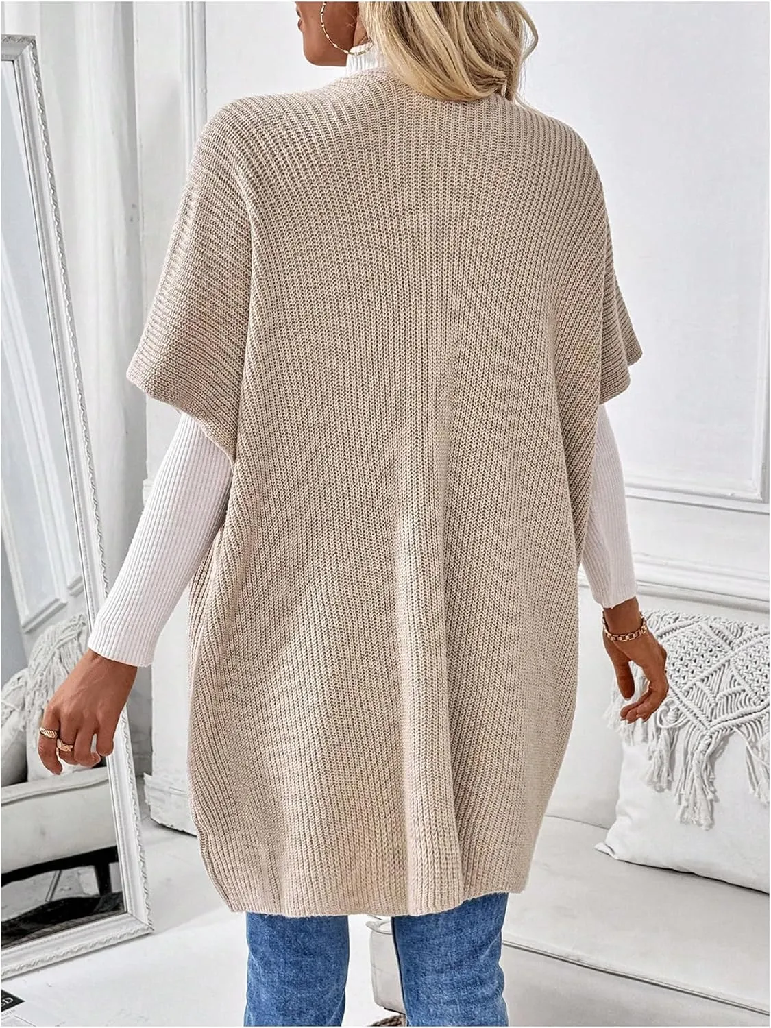 MakeMeChic Women's Half Sleeve Open Front Cardigan Sweaters Lightweight Knitwear with Pocket
