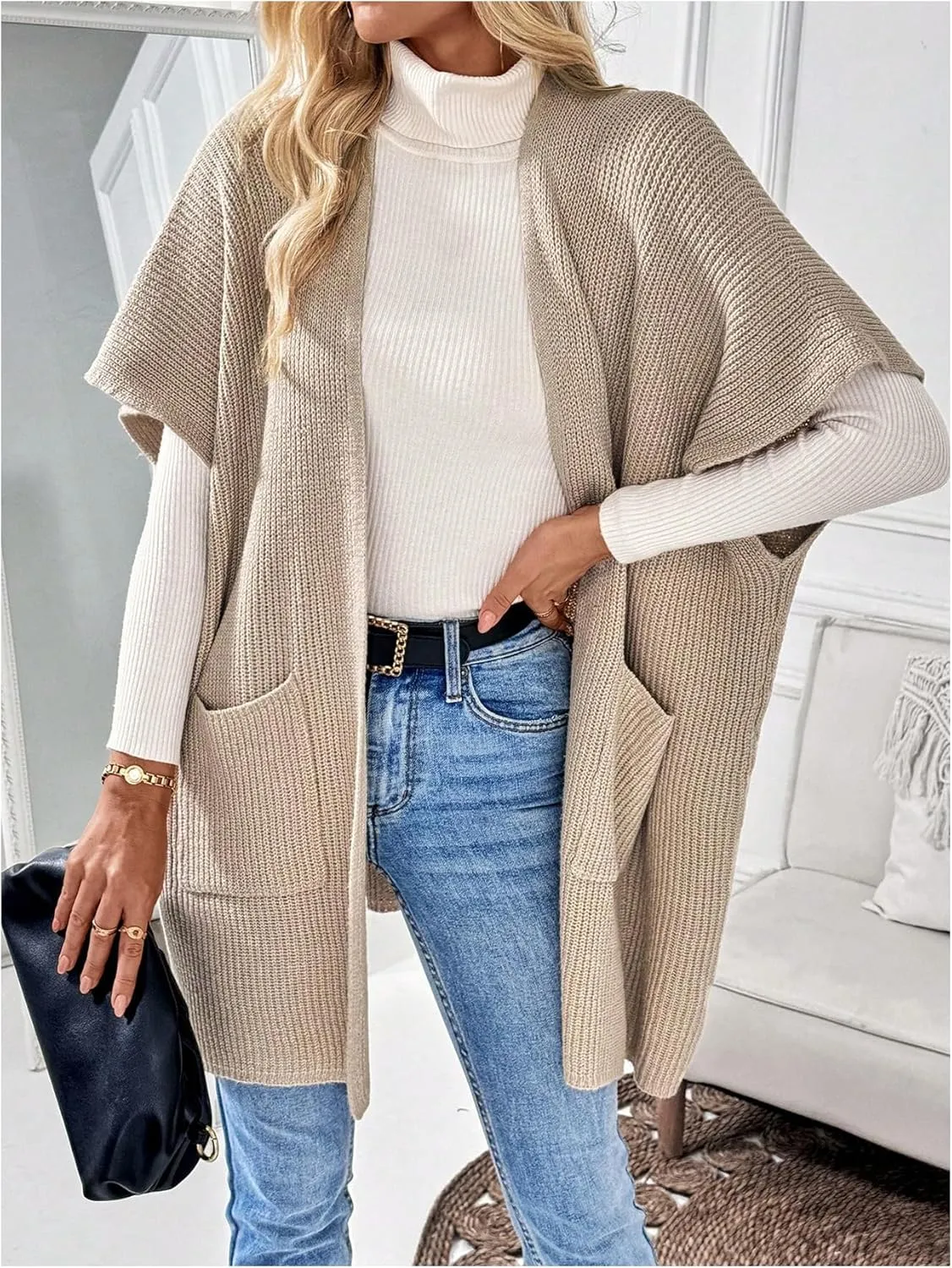 MakeMeChic Women's Half Sleeve Open Front Cardigan Sweaters Lightweight Knitwear with Pocket
