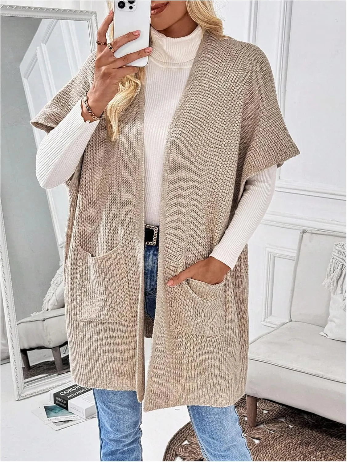 MakeMeChic Women's Half Sleeve Open Front Cardigan Sweaters Lightweight Knitwear with Pocket