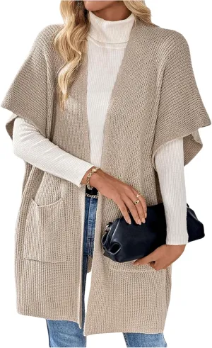 MakeMeChic Women's Half Sleeve Open Front Cardigan Sweaters Lightweight Knitwear with Pocket