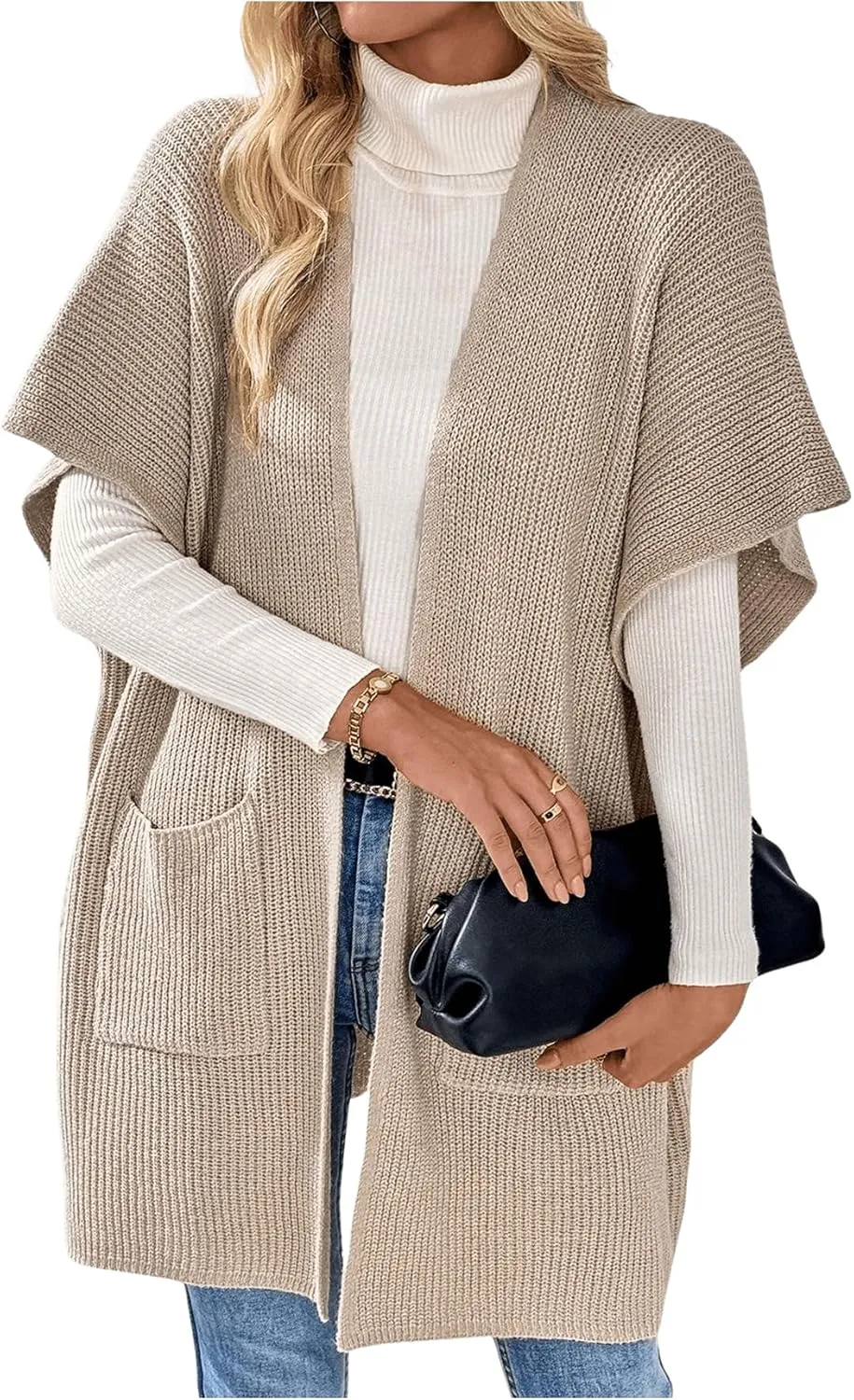 MakeMeChic Women's Half Sleeve Open Front Cardigan Sweaters Lightweight Knitwear with Pocket