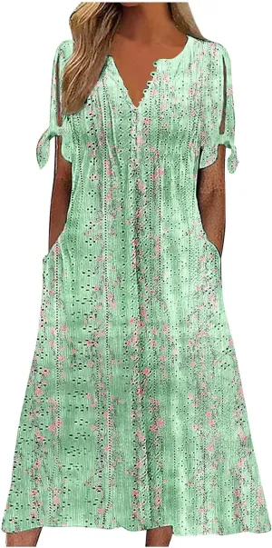 Maxi Dresses for Women 2025 Trendy Short Sleeve Eyelet Dress v Neck Floral Printed Dresses Summer Beach Dress