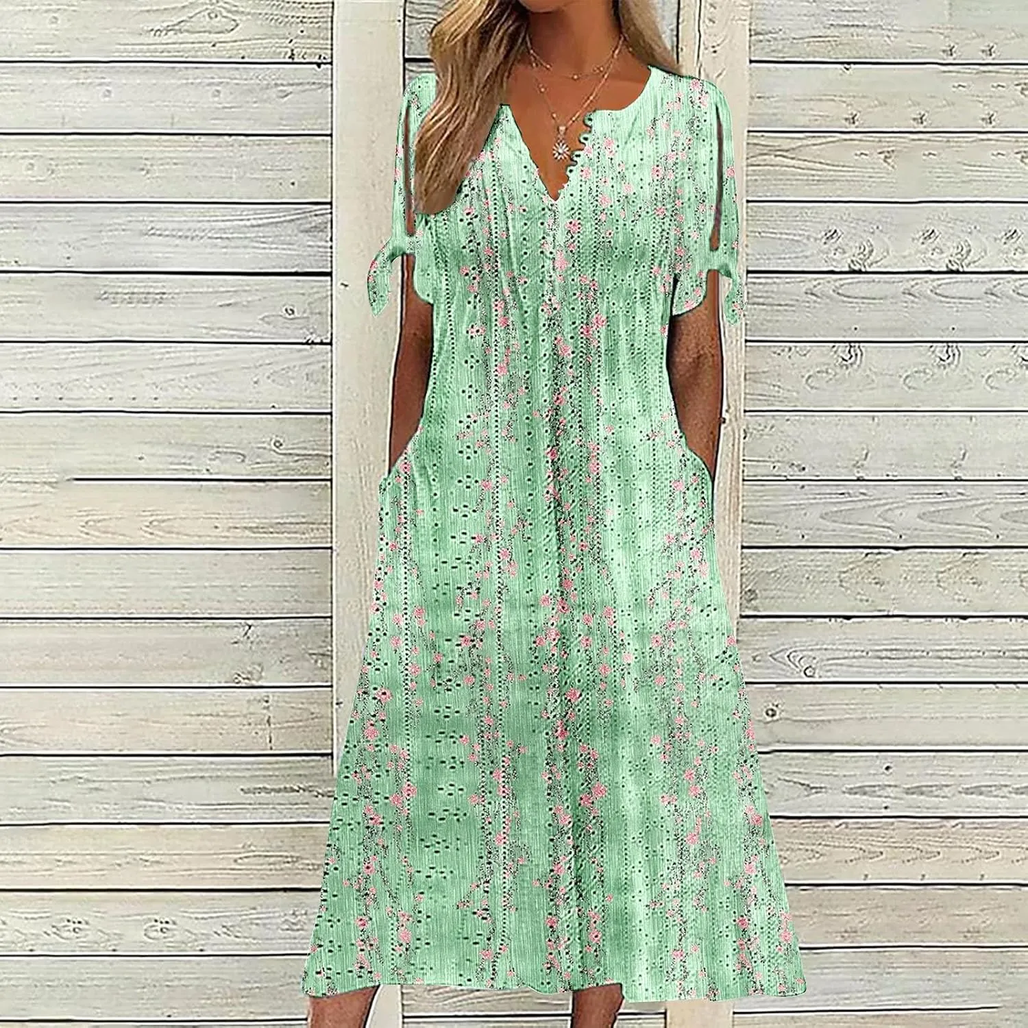 Maxi Dresses for Women 2025 Trendy Short Sleeve Eyelet Dress v Neck Floral Printed Dresses Summer Beach Dress