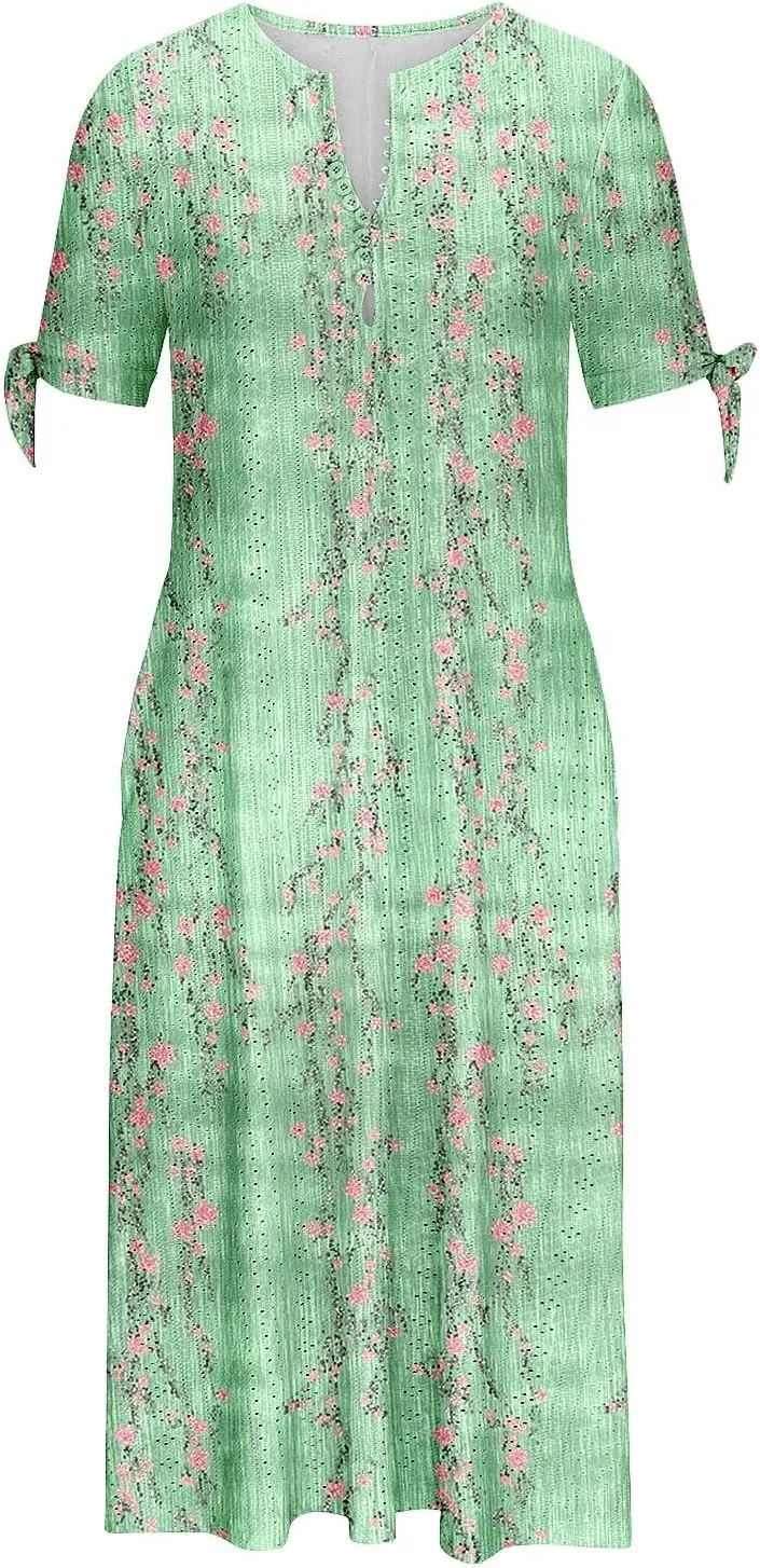 Maxi Dresses for Women 2025 Trendy Short Sleeve Eyelet Dress v Neck Floral Printed Dresses Summer Beach Dress