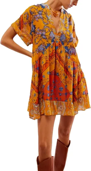 Melliflo Women's Bohemian Babydoll Dress Summer Hot Short Floral Dresses Short Sleeve V Neck Sundress Flowy Ruffle Dress