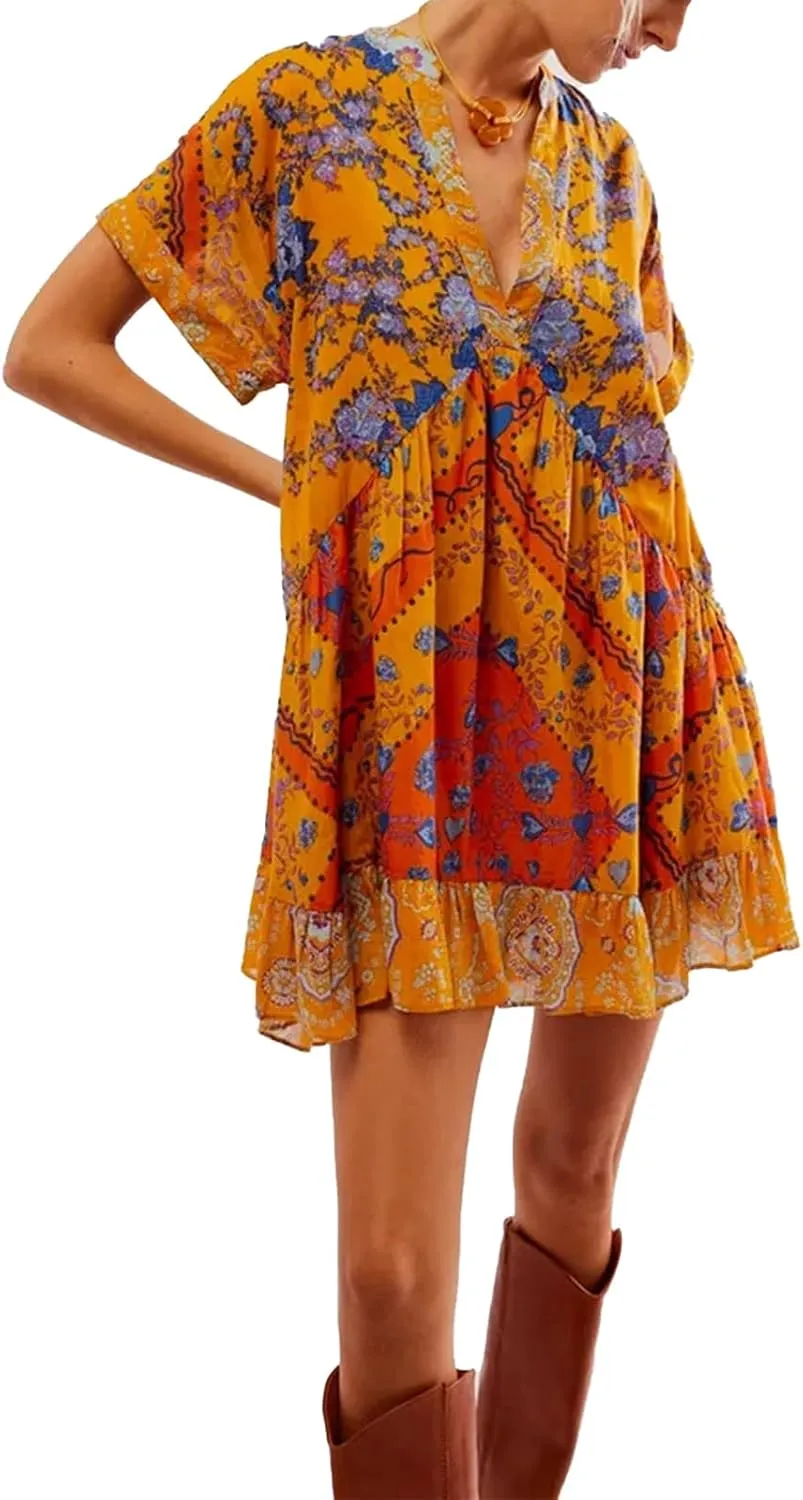 Melliflo Women's Bohemian Babydoll Dress Summer Hot Short Floral Dresses Short Sleeve V Neck Sundress Flowy Ruffle Dress