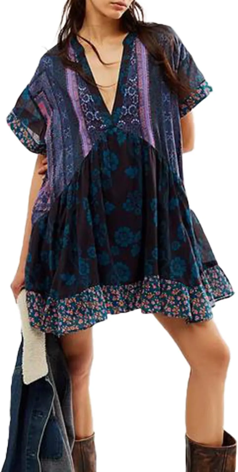 Melliflo Women's Bohemian Babydoll Dress Summer Hot Short Floral Dresses Short Sleeve V Neck Sundress Flowy Ruffle Dress